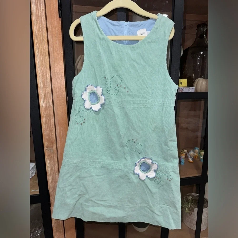 Vintage Florence Eiseman corduroy dress shift lined girls appliqué flower mint